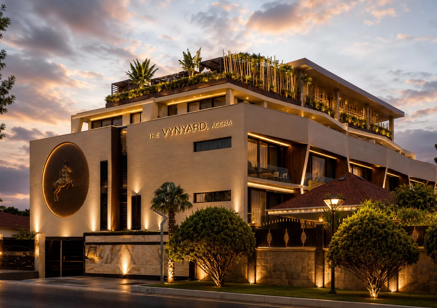 The Vynyard, Accra, illuminated at dusk