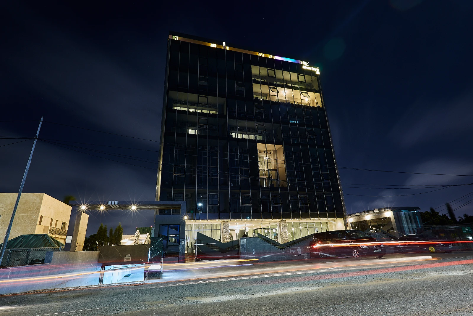 Kwarleyz Residence exterior at night